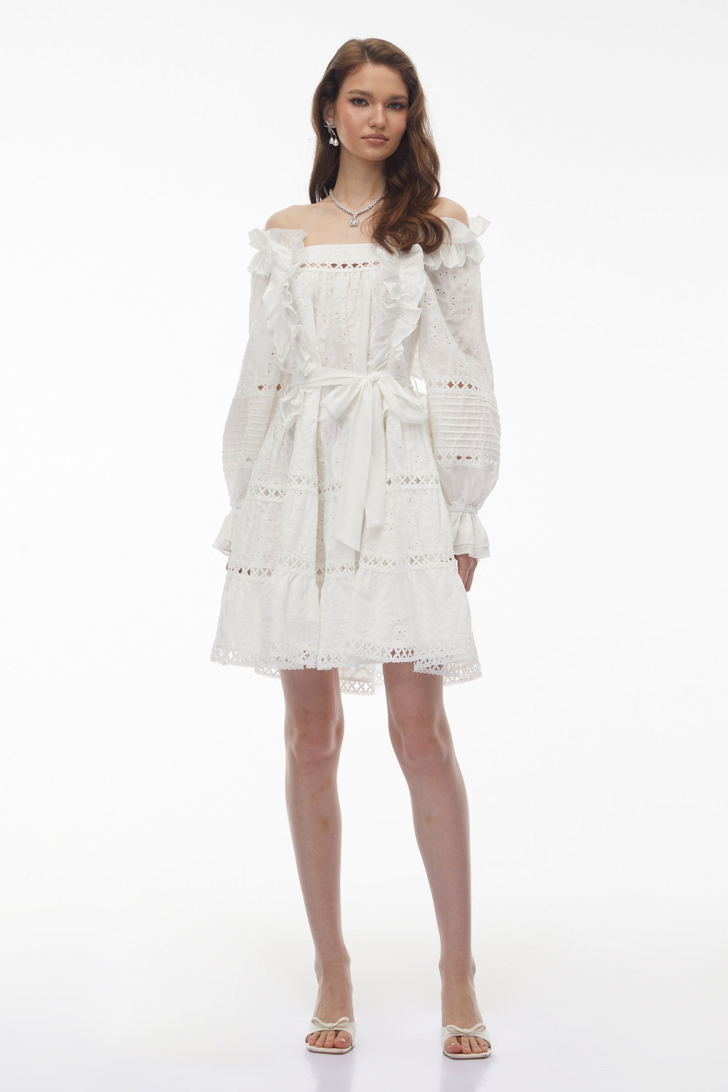 Alcestis White Ruffled Mini Dress with Self-Tie