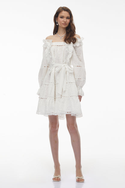 Alcestis White Ruffled Mini Dress with Self-Tie