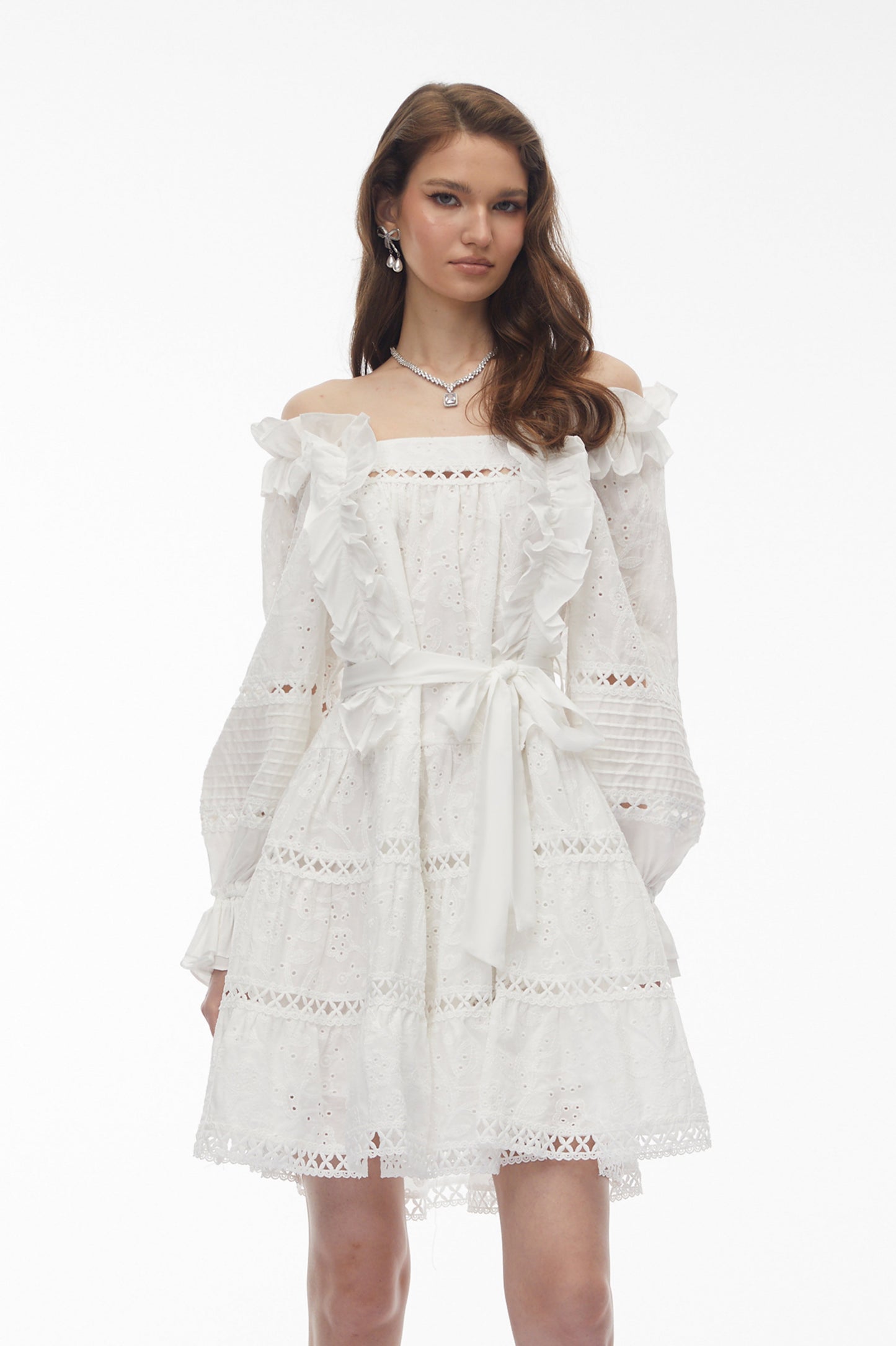 Alcestis White Ruffled Mini Dress with Self-Tie