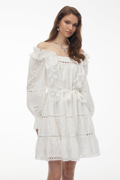 Alcestis White Ruffled Mini Dress with Self-Tie
