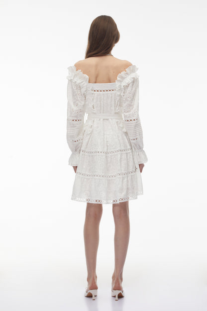 Alcestis White Ruffled Mini Dress with Self-Tie