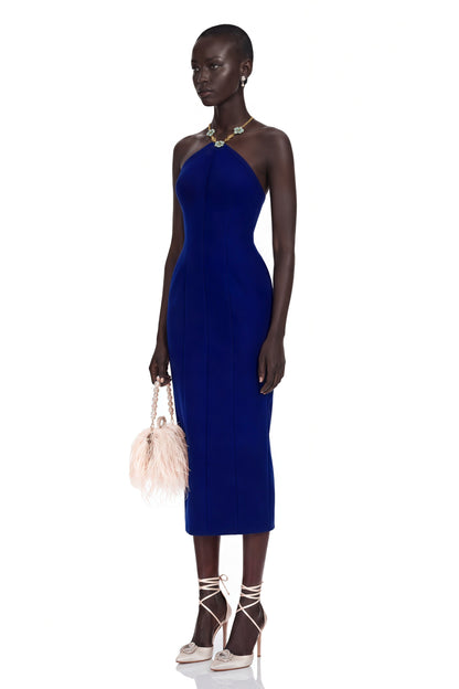 Alejandra Navy Blue Embellished Halterneck Midi Dress