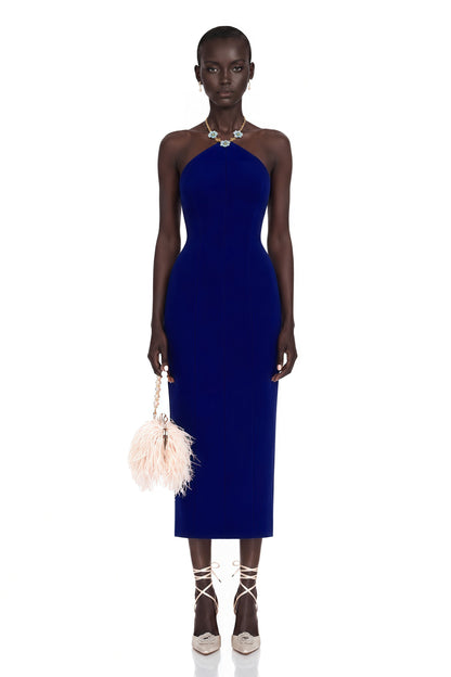 Alejandra Navy Blue Embellished Halterneck Midi Dress