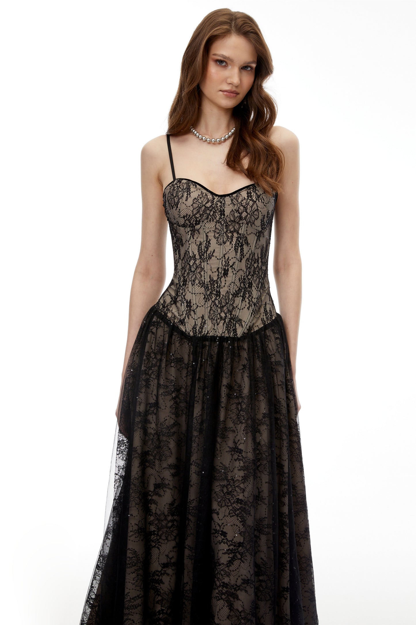 Alessa Black Floral Lace Maxi Dress with Tulle Panels
