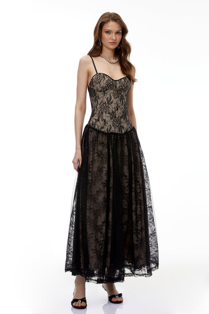Alessa Black Floral Lace Maxi Dress with Tulle Panels