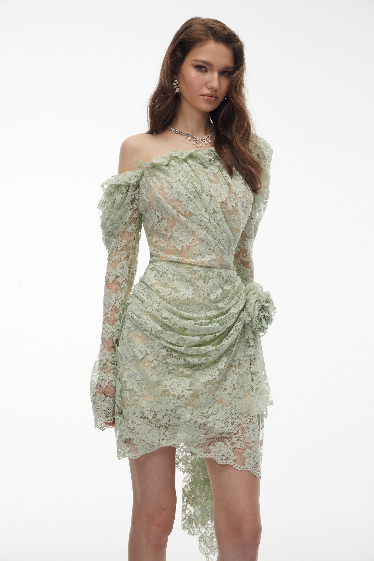 Alexis Sage Green Semi-Sheer Floral Lace Mini Dress