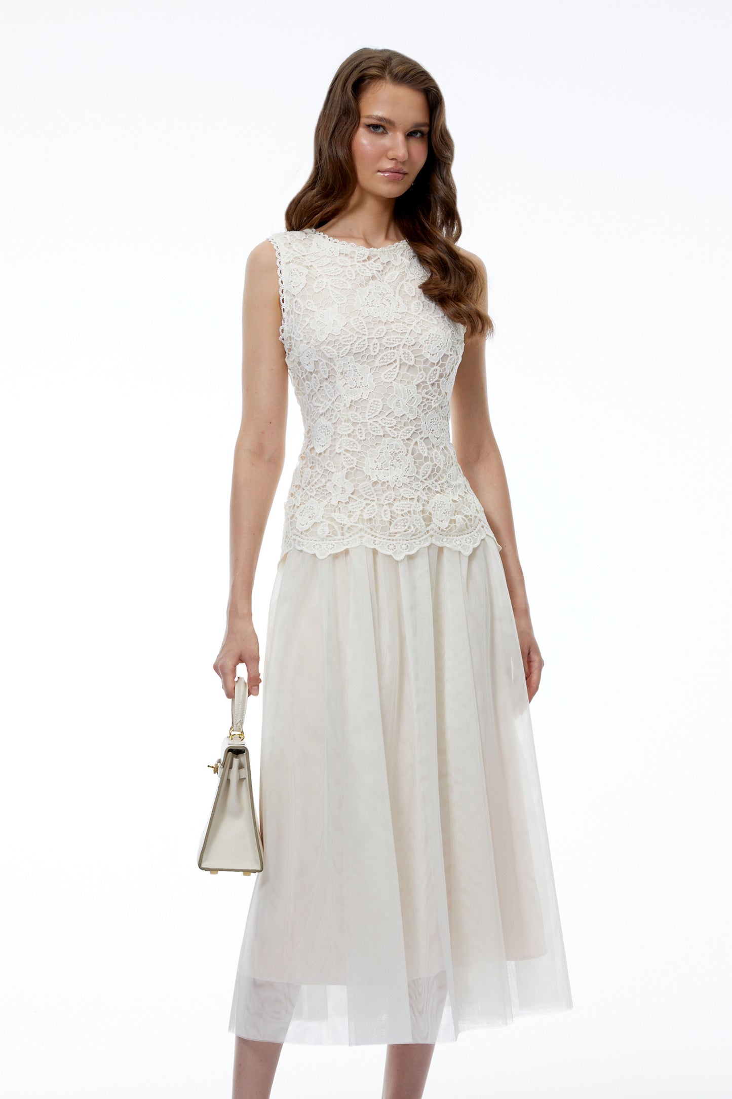 Alice Neutral Floral Applique Lace Midi Dress