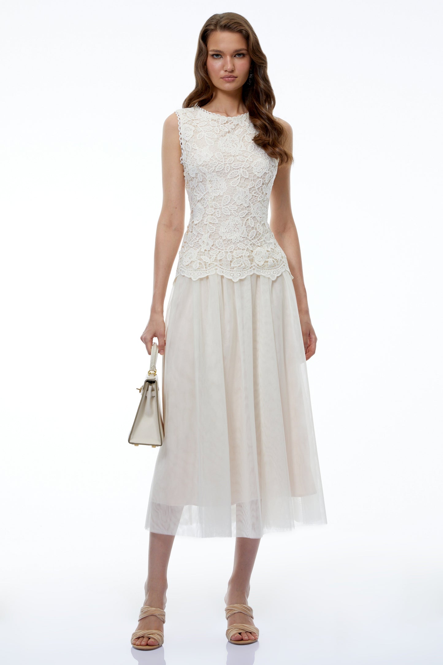 Alice Neutral Floral Applique Lace Midi Dress