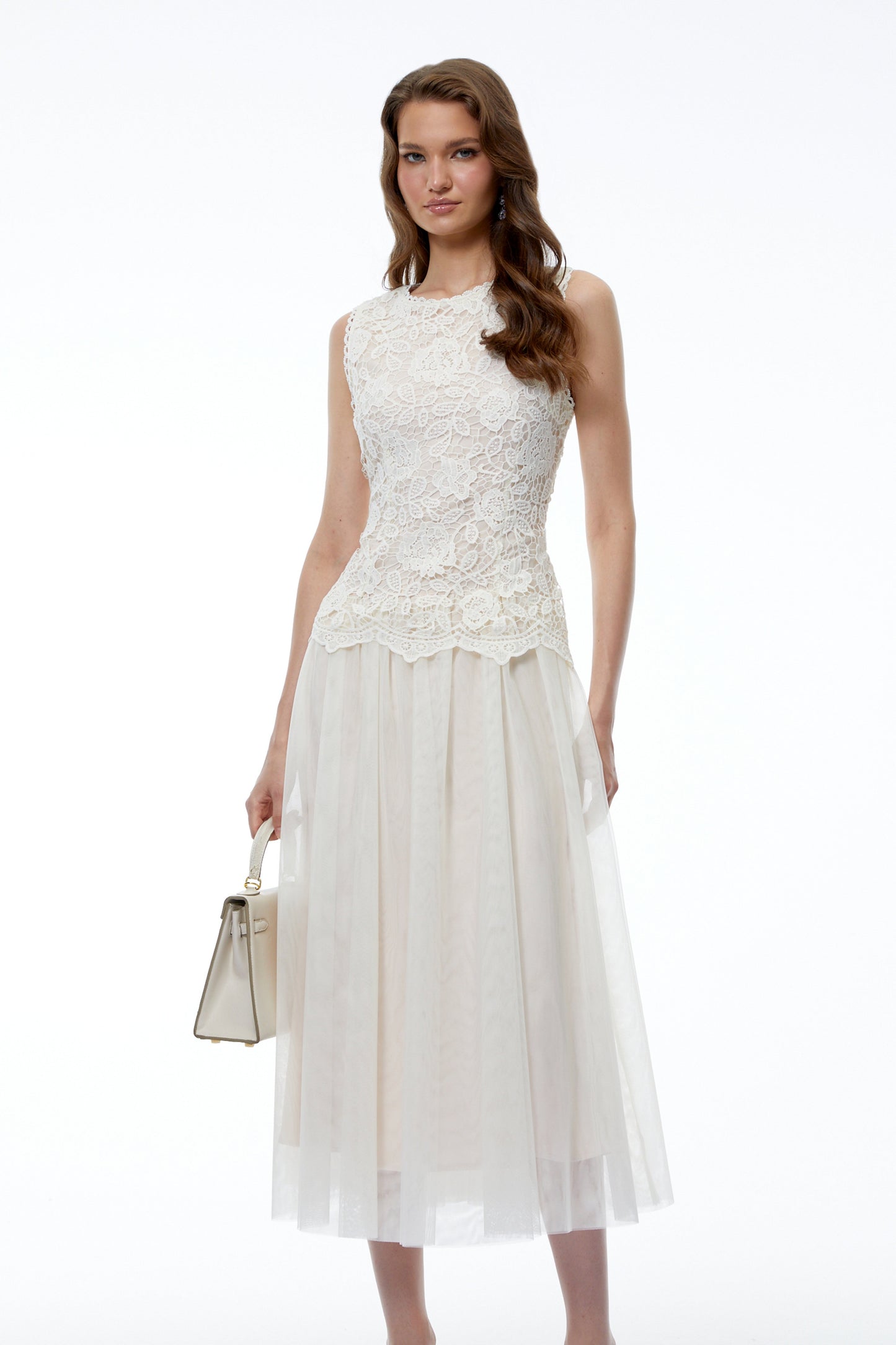 Alice Neutral Floral Applique Lace Midi Dress