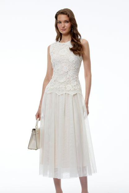 Alice Neutral Floral Applique Lace Midi Dress