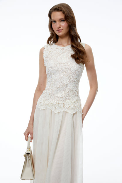Alice Neutral Floral Applique Lace Midi Dress