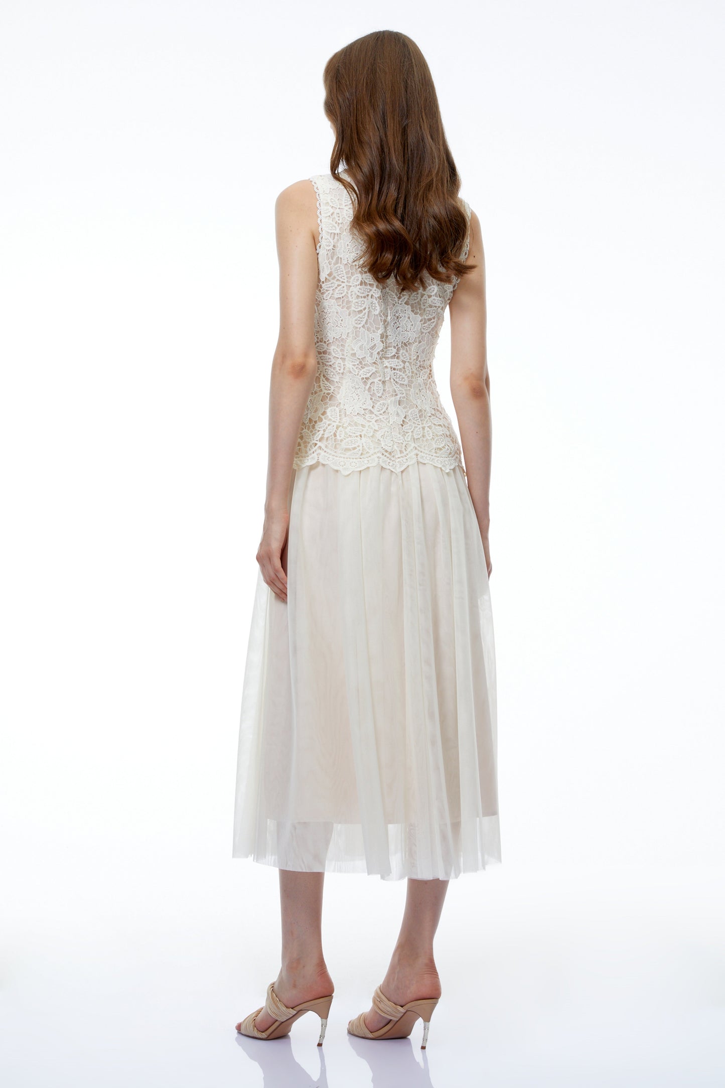 Alice Neutral Floral Applique Lace Midi Dress