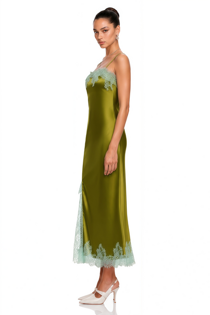 Alina Olive Green Satin Maxi Dress with Lace Trim