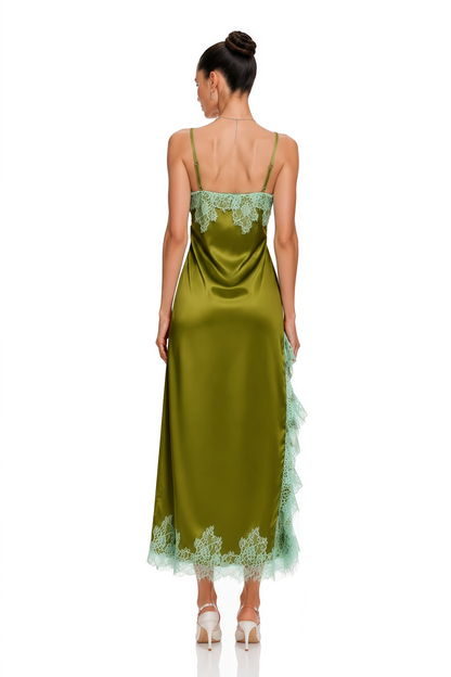 Alina Olive Green Satin Maxi Dress with Lace Trim