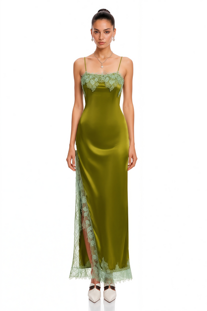 Alina Olive Green Satin Maxi Dress with Lace Trim