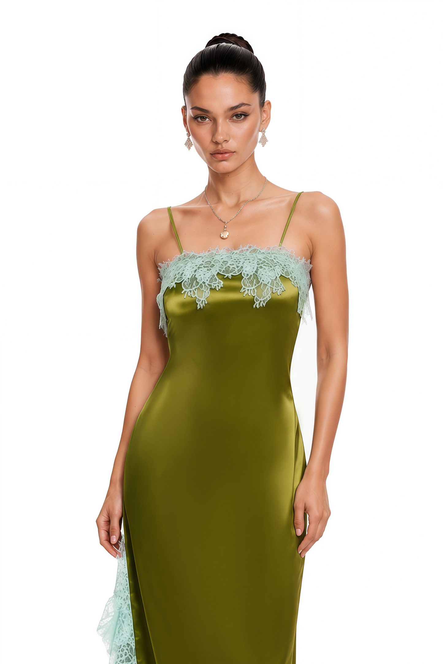 Alina Olive Green Satin Maxi Dress with Lace Trim