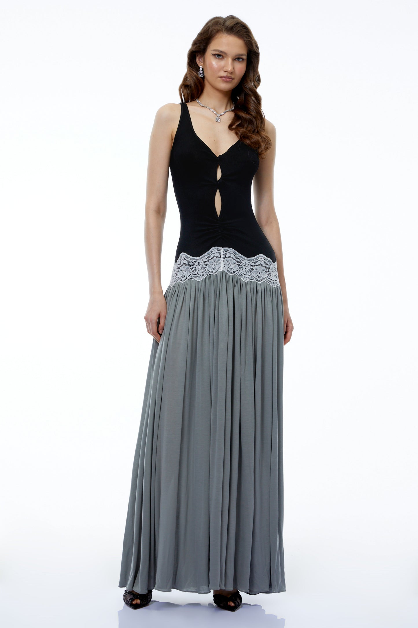 Allegra Siyah Bloklu Sweetheart Maxi Elbise