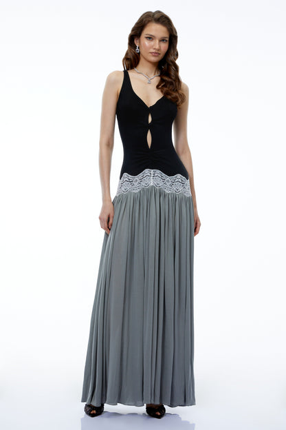Allegra Siyah Bloklu Sweetheart Maxi Elbise