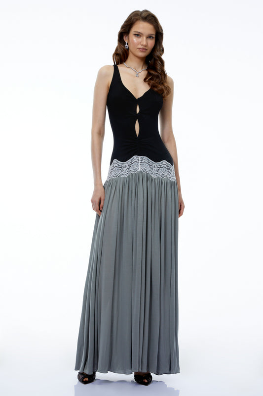 Allegra Siyah Bloklu Sweetheart Maxi Elbise