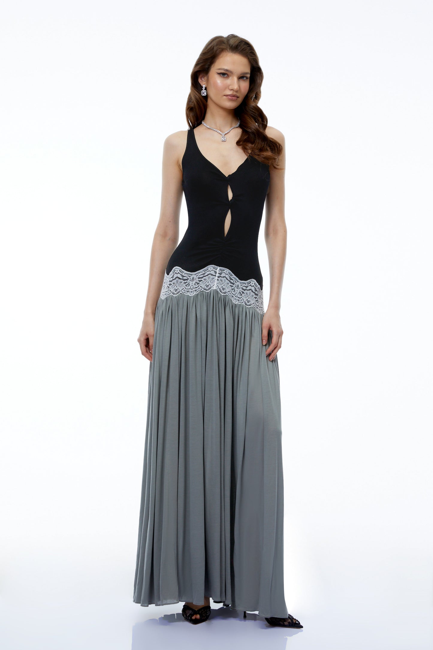 Allegra Siyah Bloklu Sweetheart Maxi Elbise