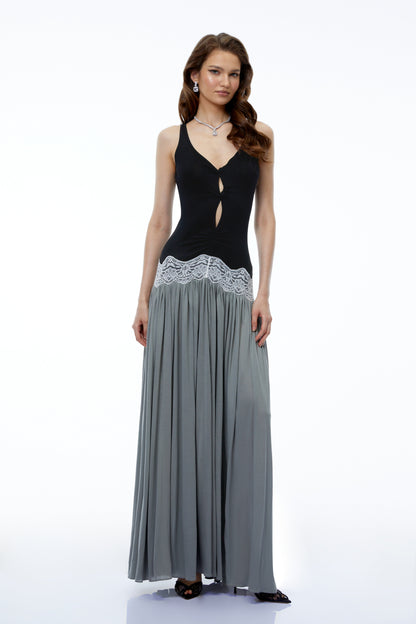 Allegra Siyah Bloklu Sweetheart Maxi Elbise