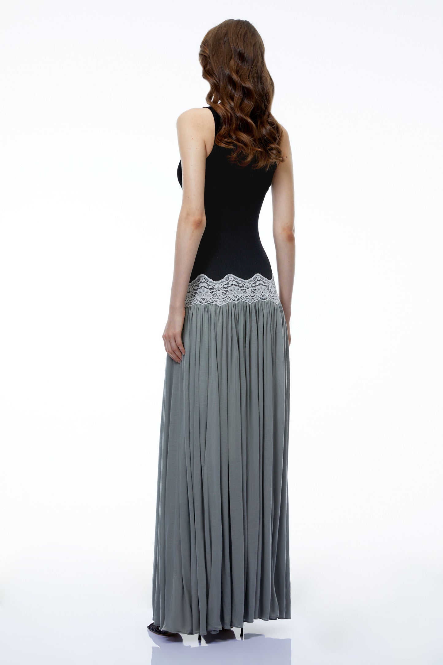 Allegra Siyah Bloklu Sweetheart Maxi Elbise