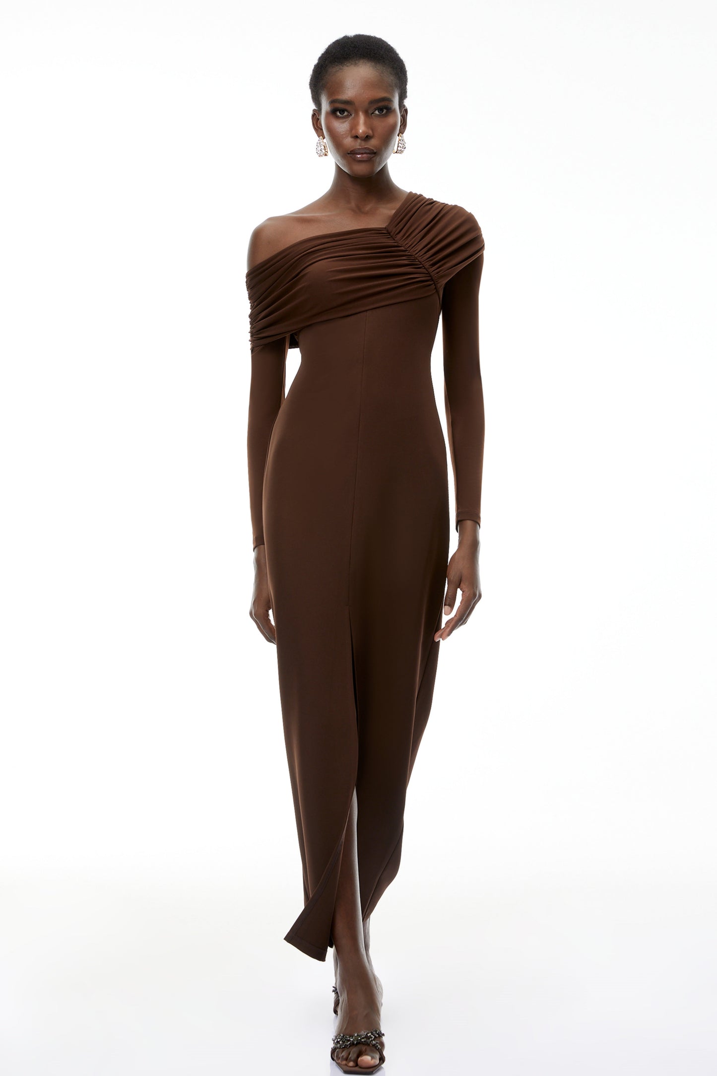 Almudena Chocolate Brown One Shoulder Maxi Dress