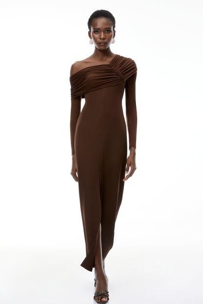 Almudena Chocolate Brown One Shoulder Maxi Dress