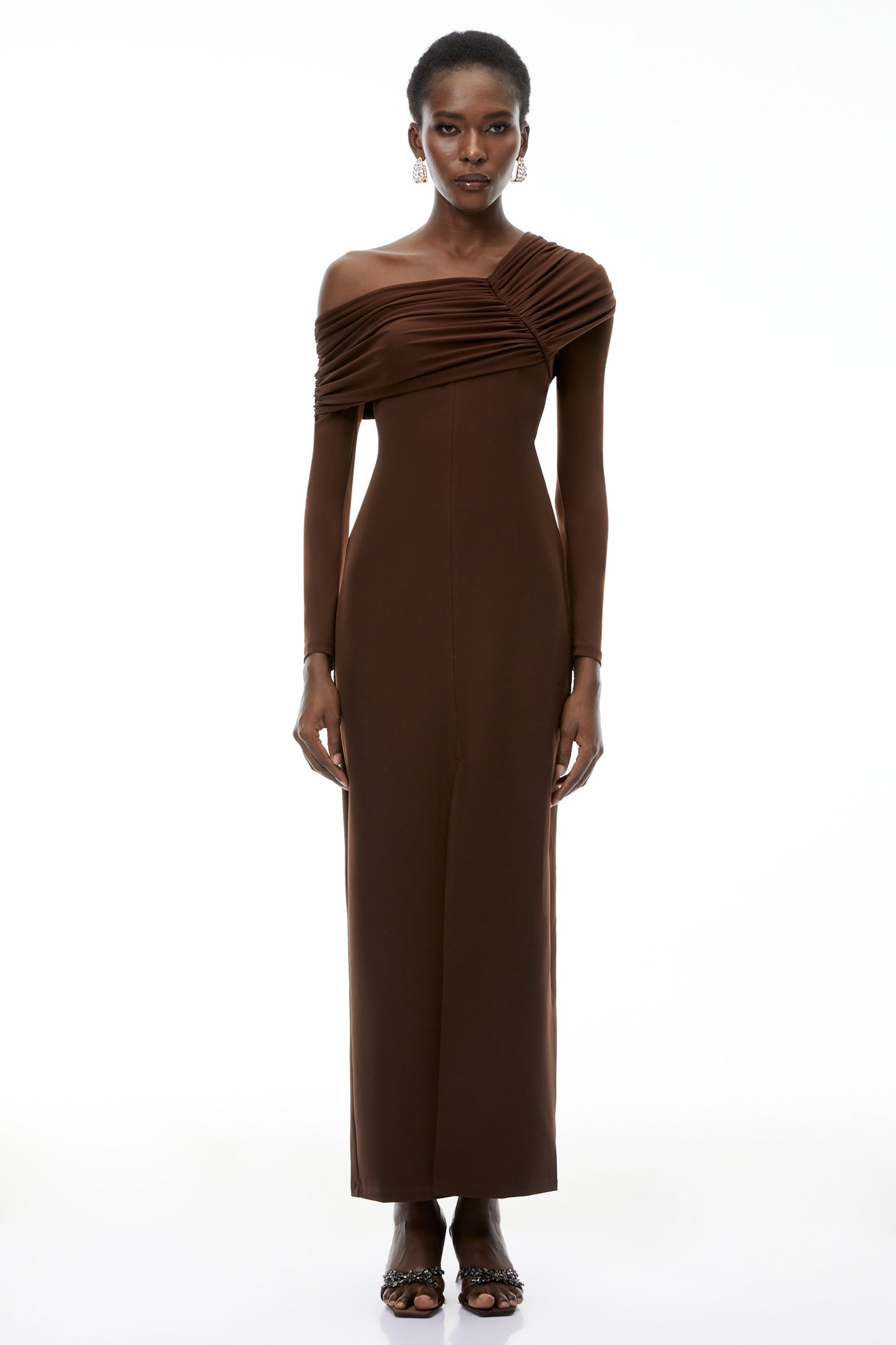 Almudena Chocolate Brown One Shoulder Maxi Dress