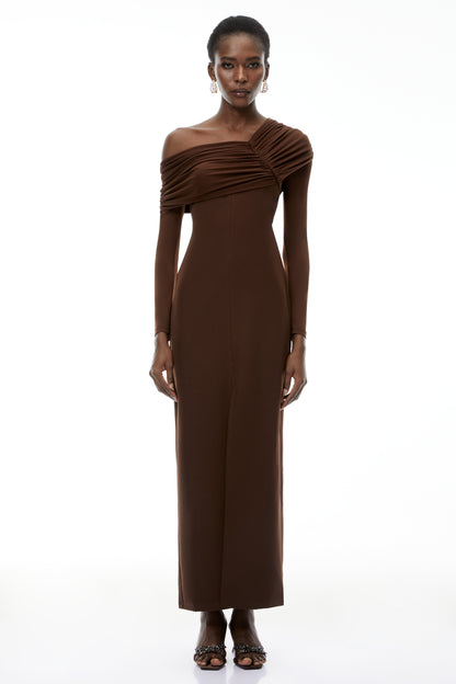 Almudena Chocolate Brown One Shoulder Maxi Dress