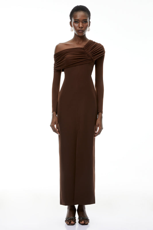 Almudena Chocolate Brown One Shoulder Maxi Dress