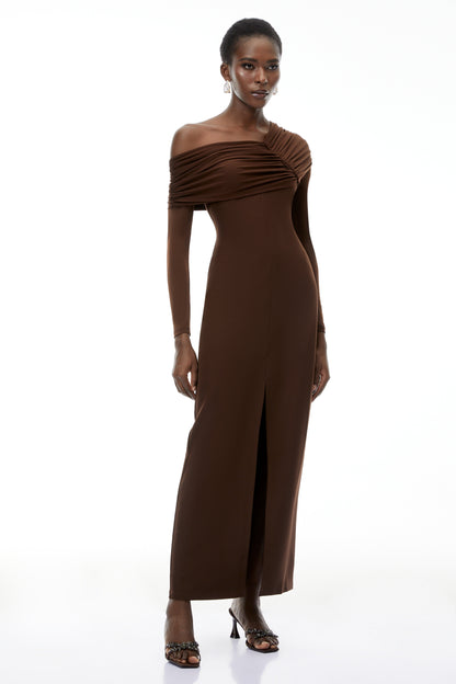 Almudena Chocolate Brown One Shoulder Maxi Dress
