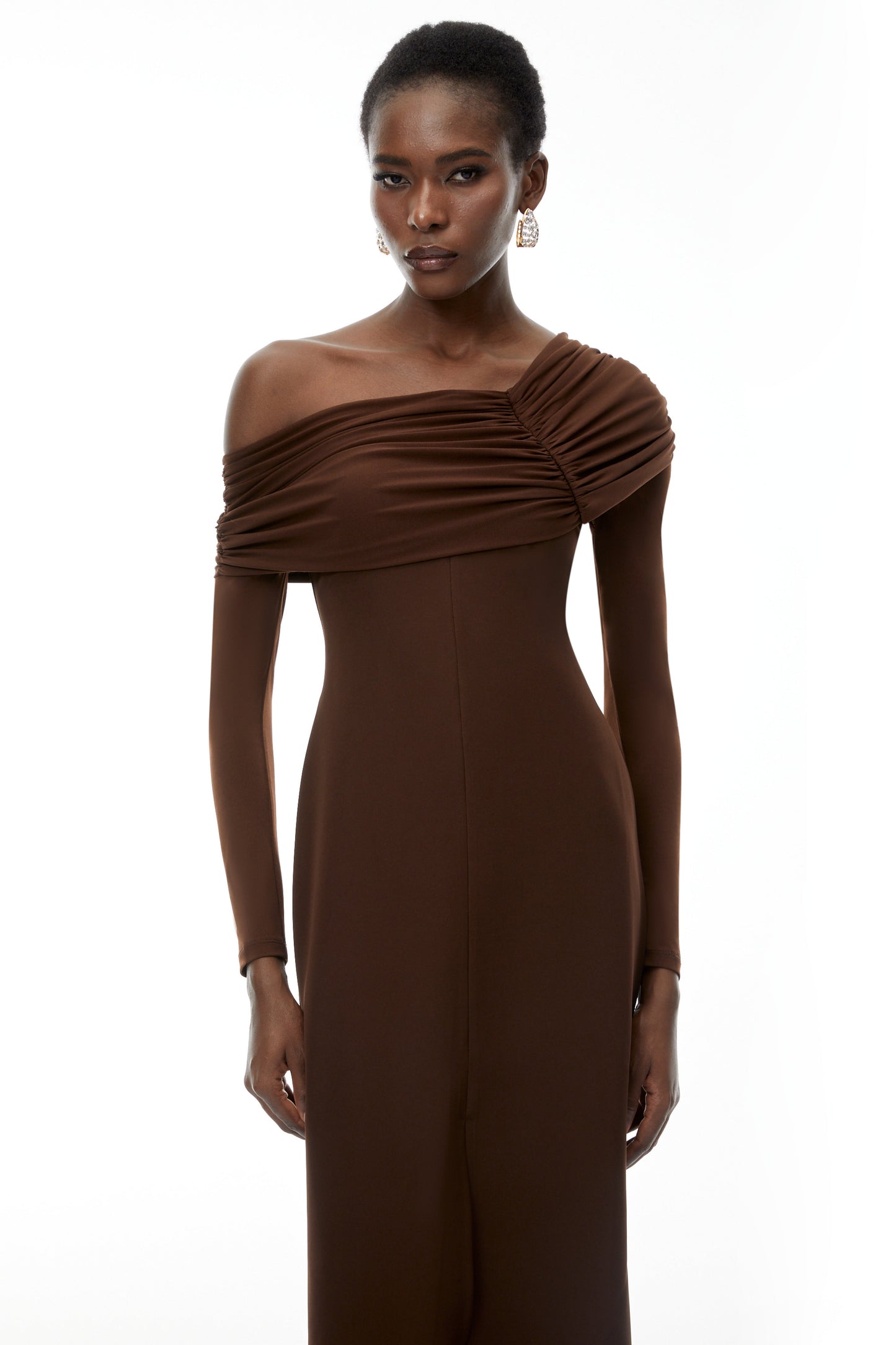 Almudena Chocolate Brown One Shoulder Maxi Dress