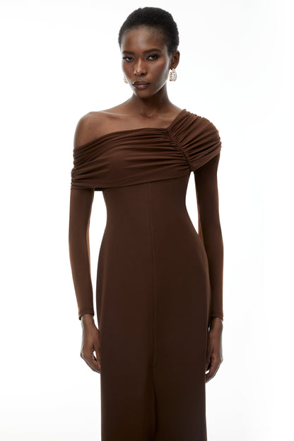Almudena Chocolate Brown One Shoulder Maxi Dress