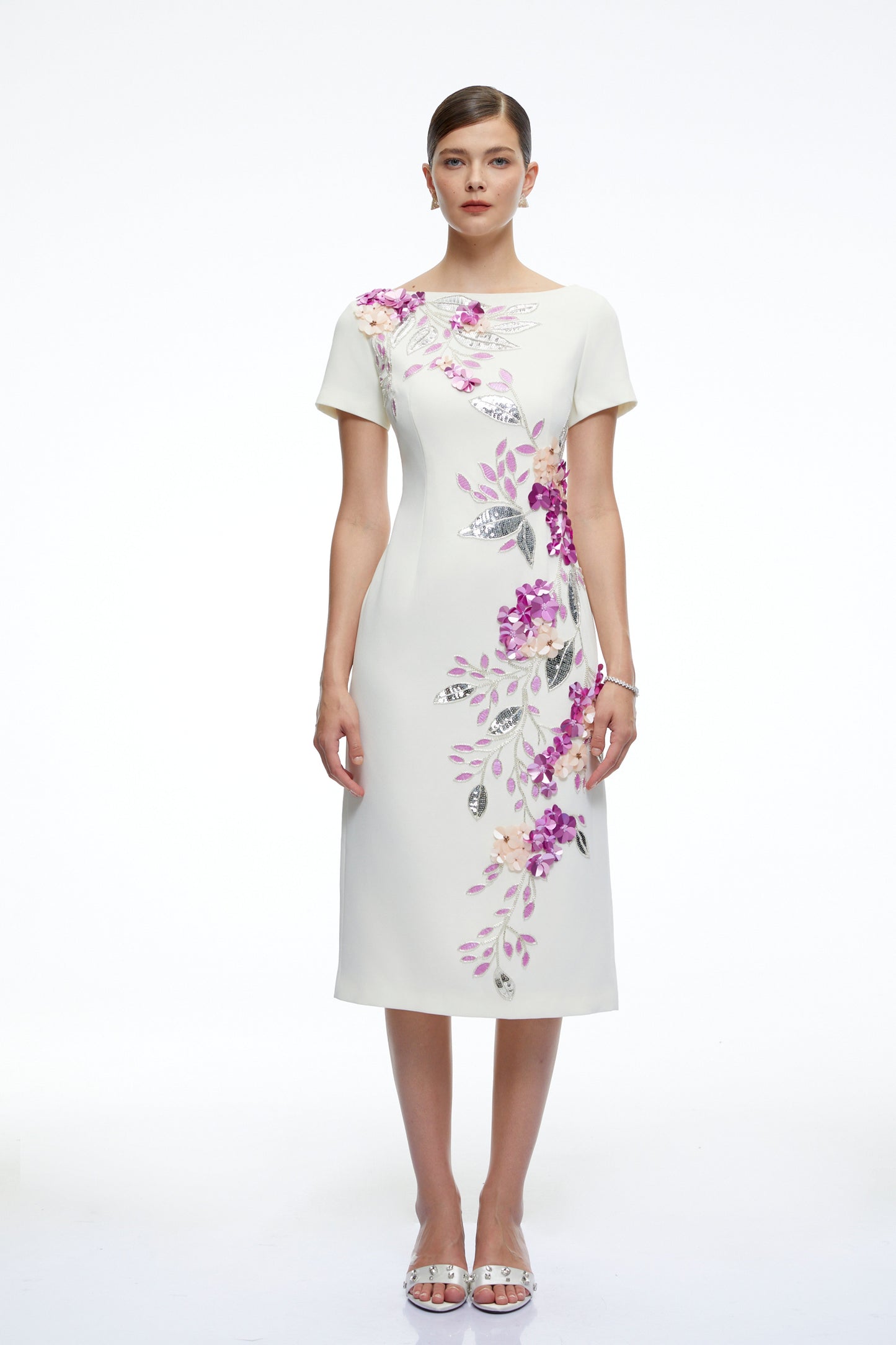 Althea White Short Sleeves Midi Dress with 3D Florals