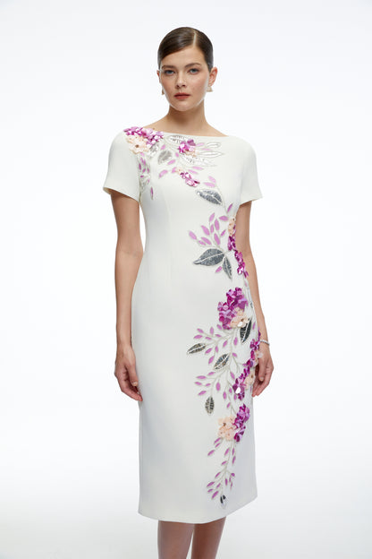 Althea White Short Sleeves Midi Dress with 3D Florals