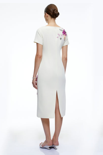 Althea White Short Sleeves Midi Dress with 3D Florals