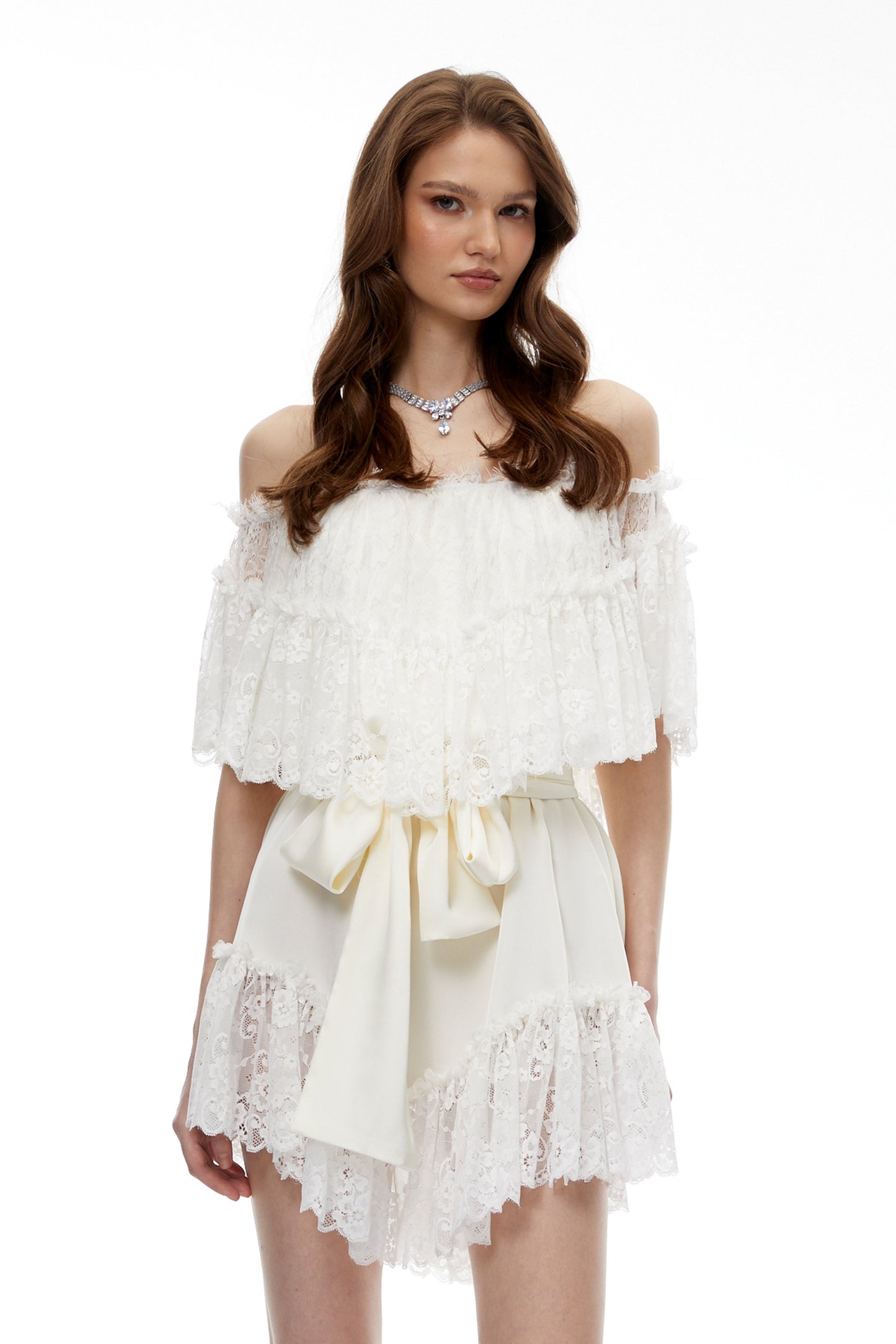 Altheaia White Off Shoulder Lace Mini Dress