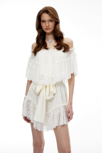 Altheaia White Off Shoulder Lace Mini Dress