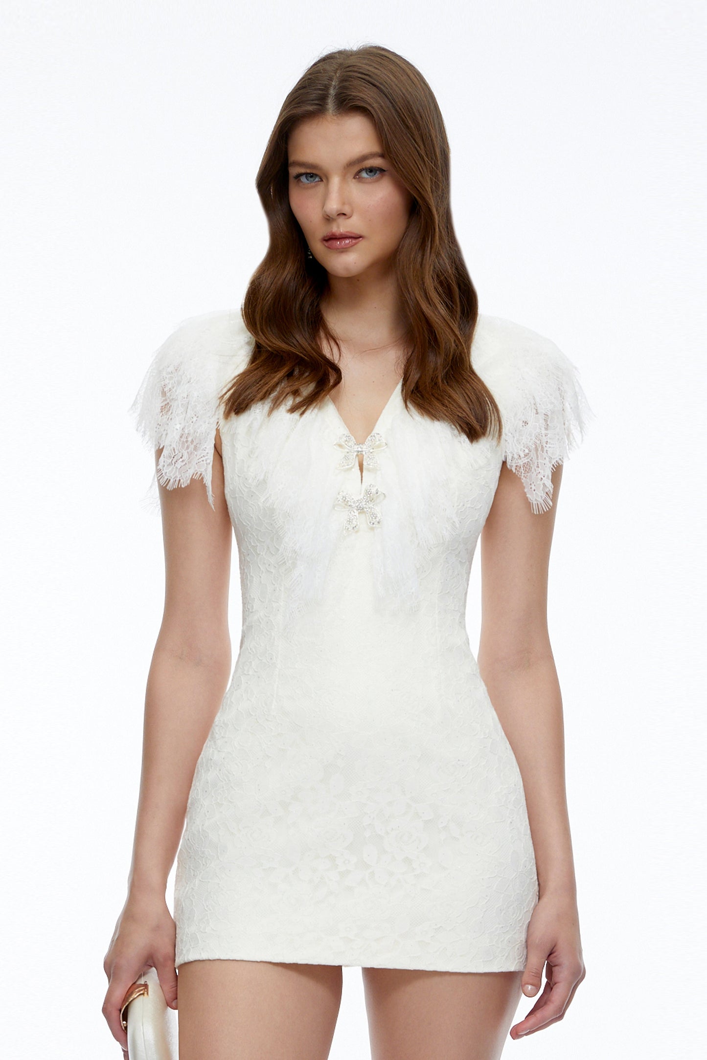 Alyssa Ivory Plunge Neck Mini Dress with Lace Trim