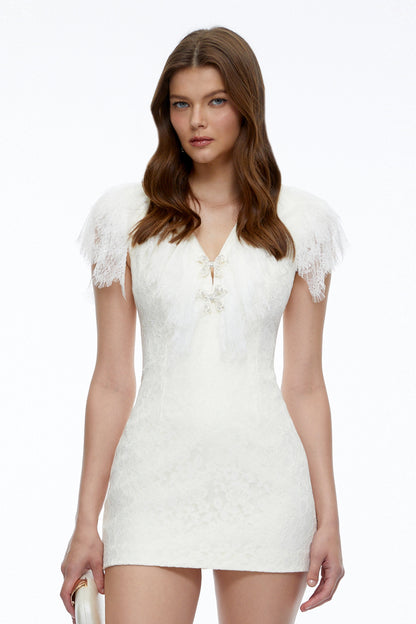 Alyssa Ivory Plunge Neck Mini Dress with Lace Trim