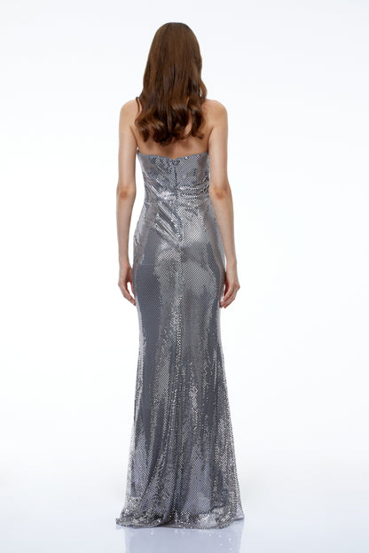 Amaia Silver Off Shoulder Ruched Maxi Dress with Slit
