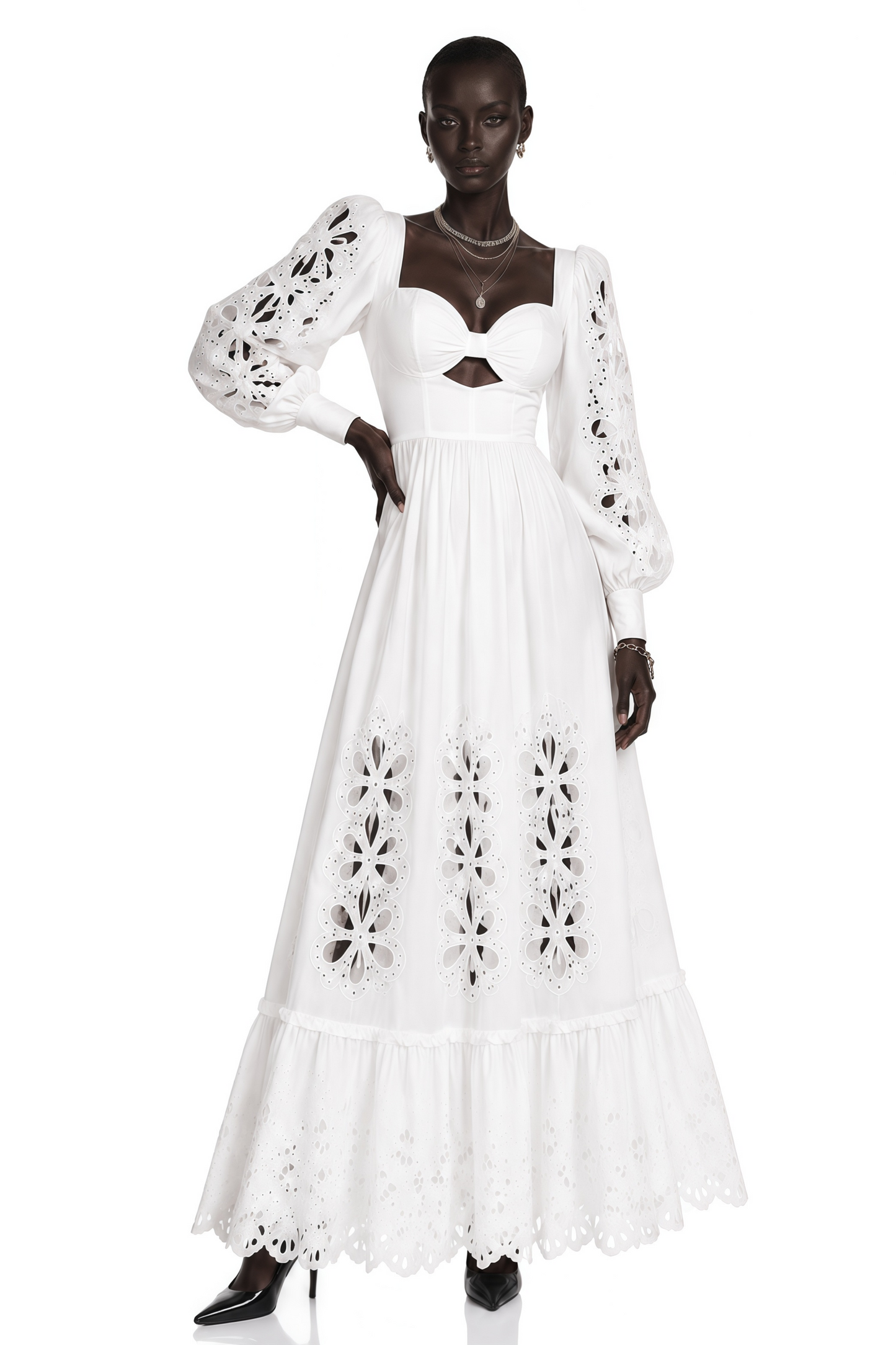 Amandine White Cut-Out Puff Sleeve Maxi Dress