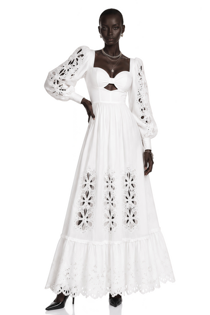 Amandine White Cut-Out Puff Sleeve Maxi Dress