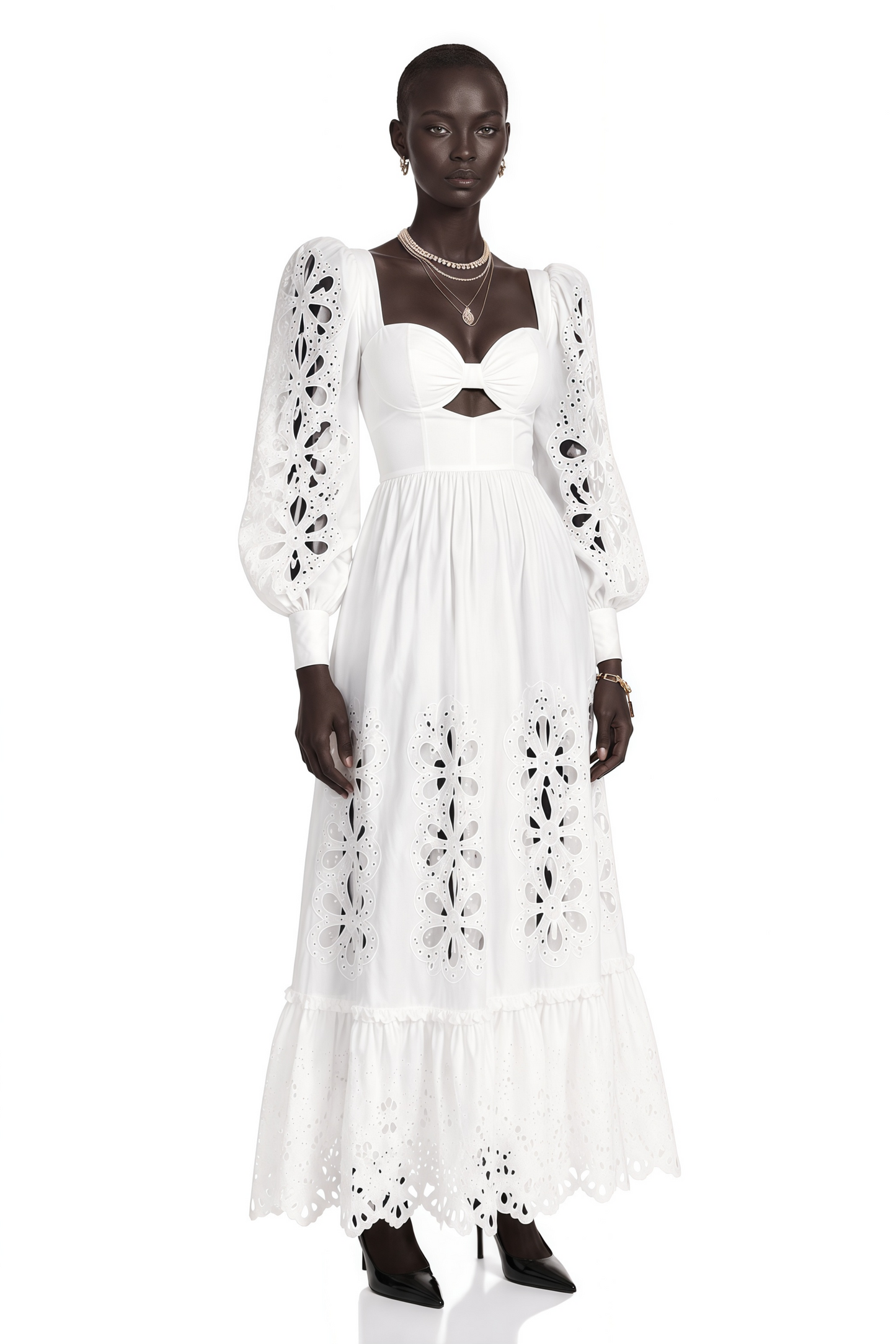 Amandine White Cut-Out Puff Sleeve Maxi Dress