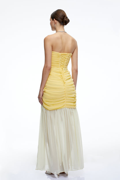 Amandine Yellow Ruched Maxi Dress with Slit