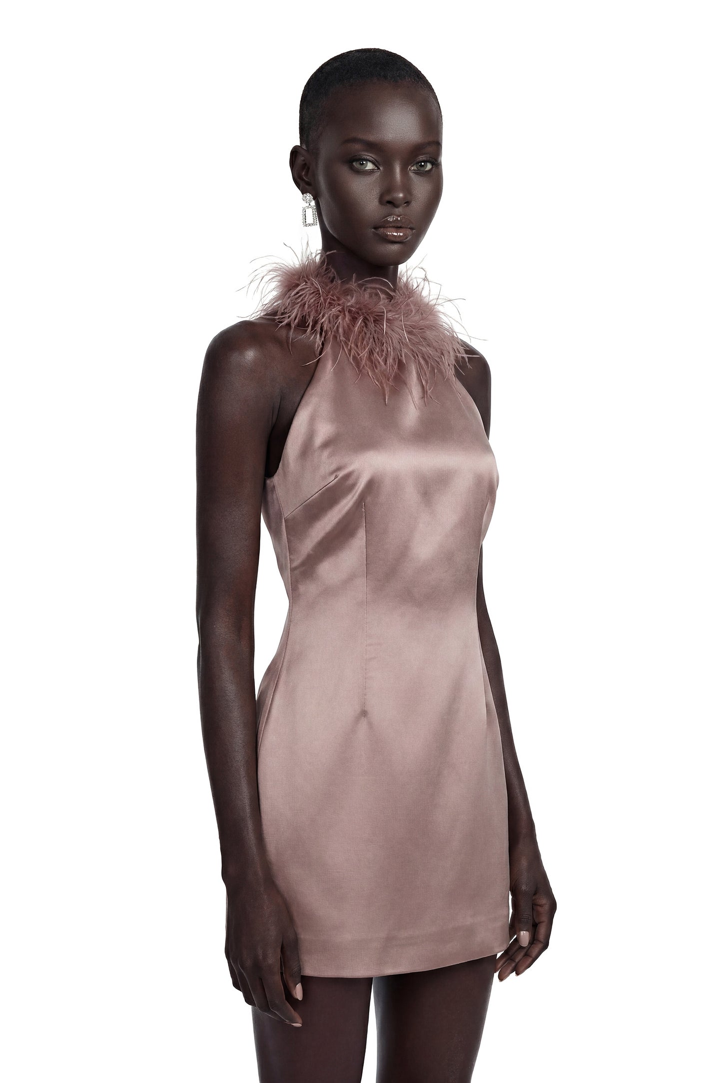 Amara Khaki Mini Dress with Feather Trim