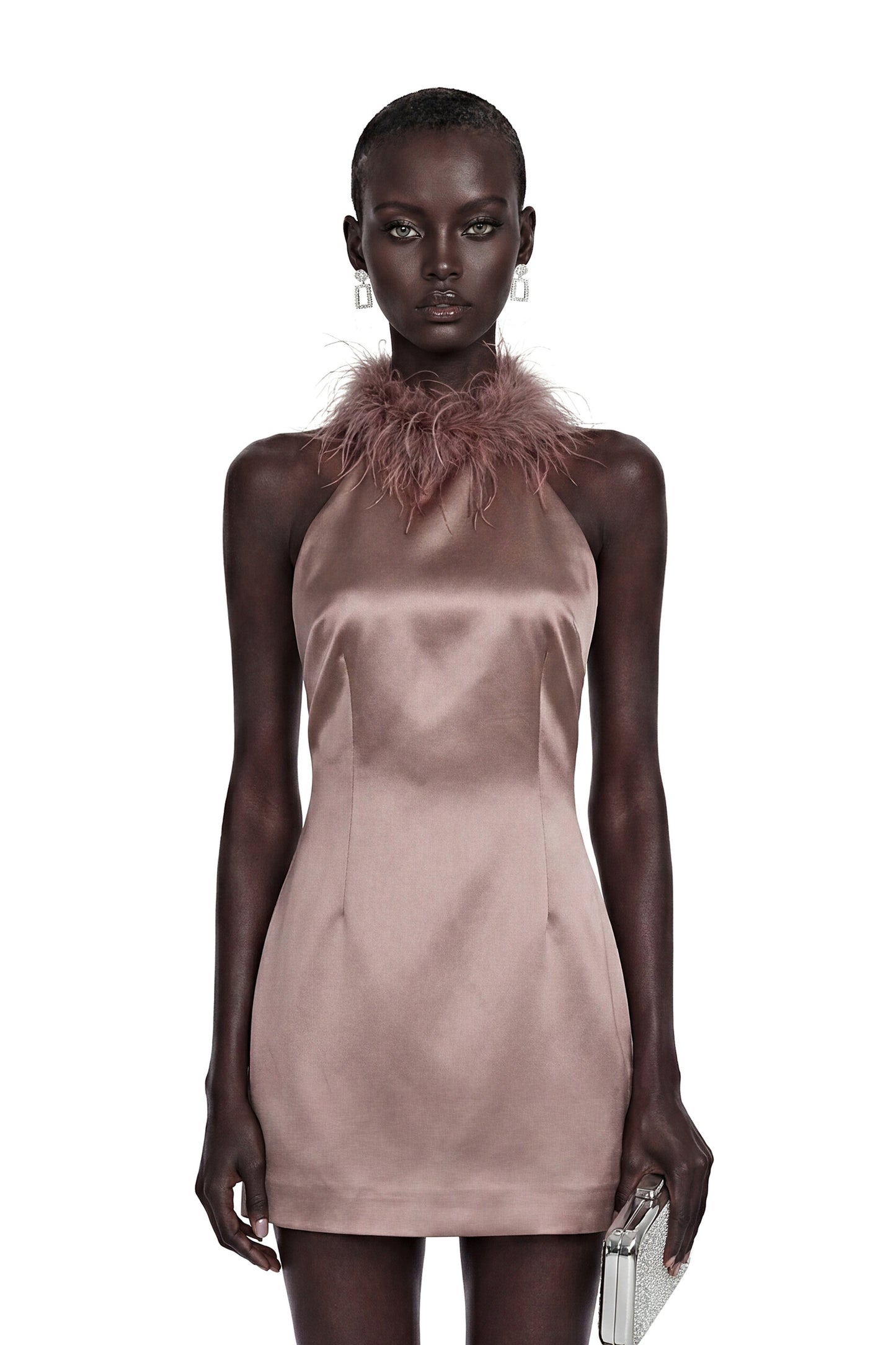 Amara Khaki Mini Dress with Feather Trim