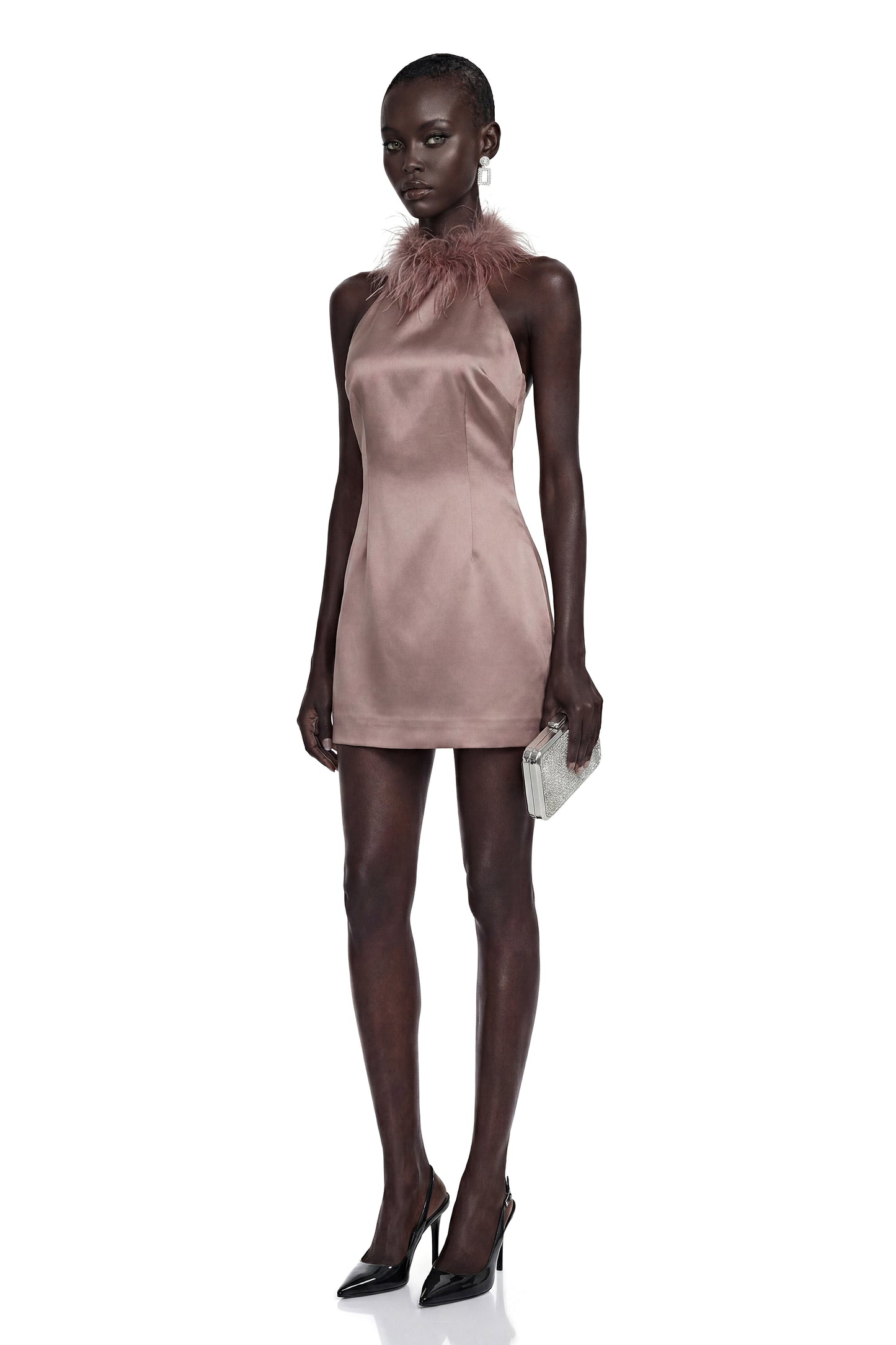 Amara Khaki Mini Dress with Feather Trim