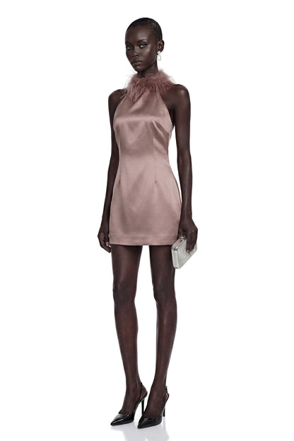 Amara Khaki Mini Dress with Feather Trim